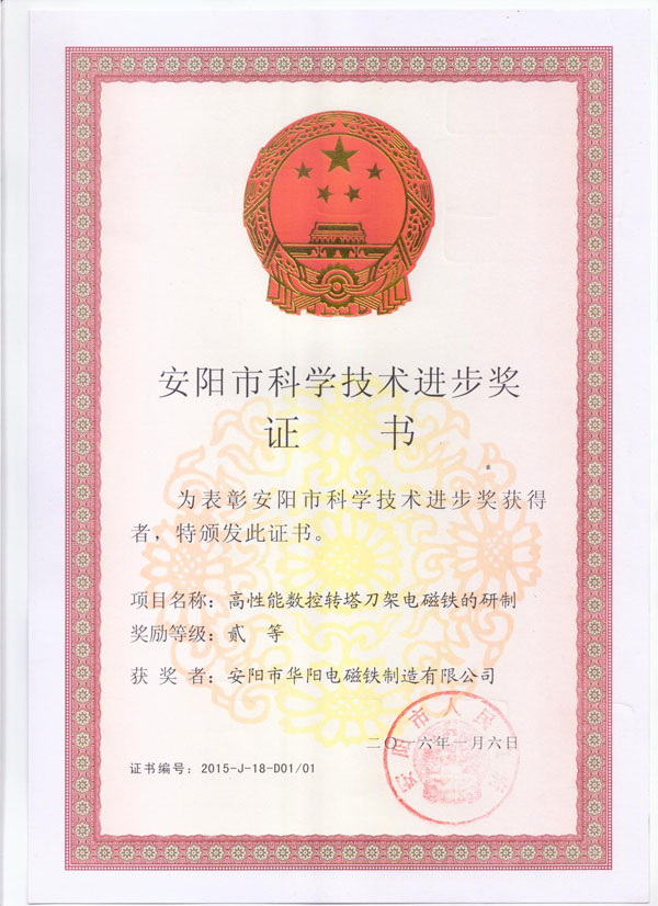 Second prize certificate of Anyang science and Technology Progress Award