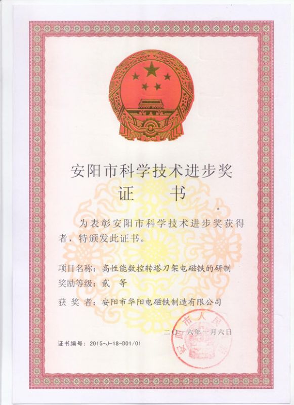 Second prize certificate of Anyang science and Technology Progress Award